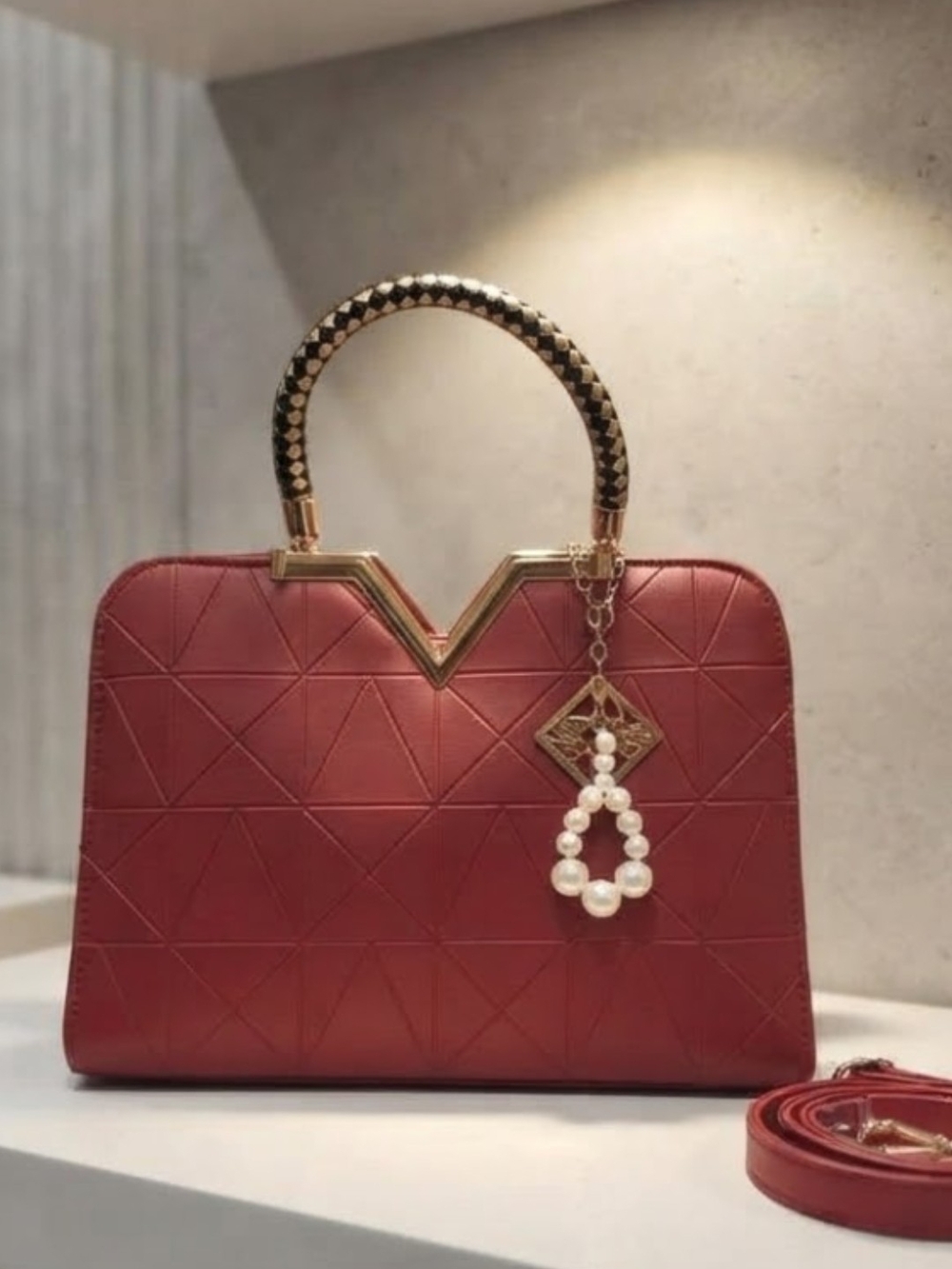 New! Elegant Red Structured Geometric Handbag with Pearl Charm